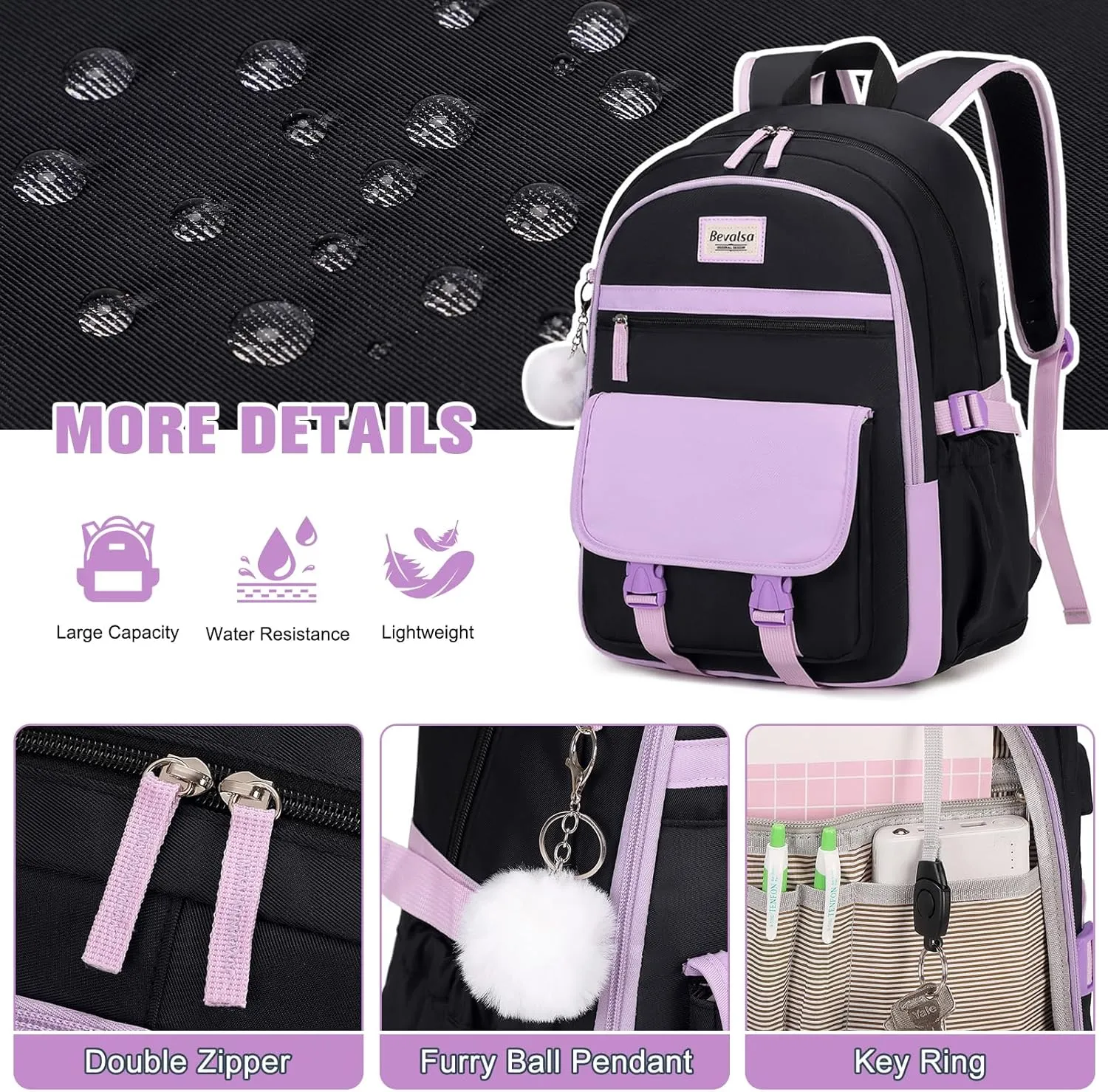 Bevalsa Backpacks for Women & Girls, Laptop Backpack with Lunch Bag & Pencil Pouch for Teen Girls & Kids, Elementary to College Student Bookbag Daypack (Purple Black)