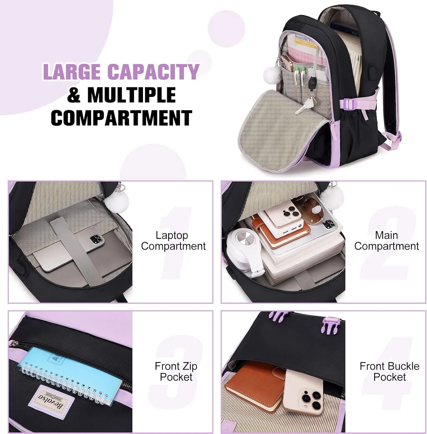 Bevalsa Backpacks for Women & Girls, Laptop Backpack with Lunch Bag & Pencil Pouch for Teen Girls & Kids, Elementary to College Student Bookbag Daypack (Purple Black)