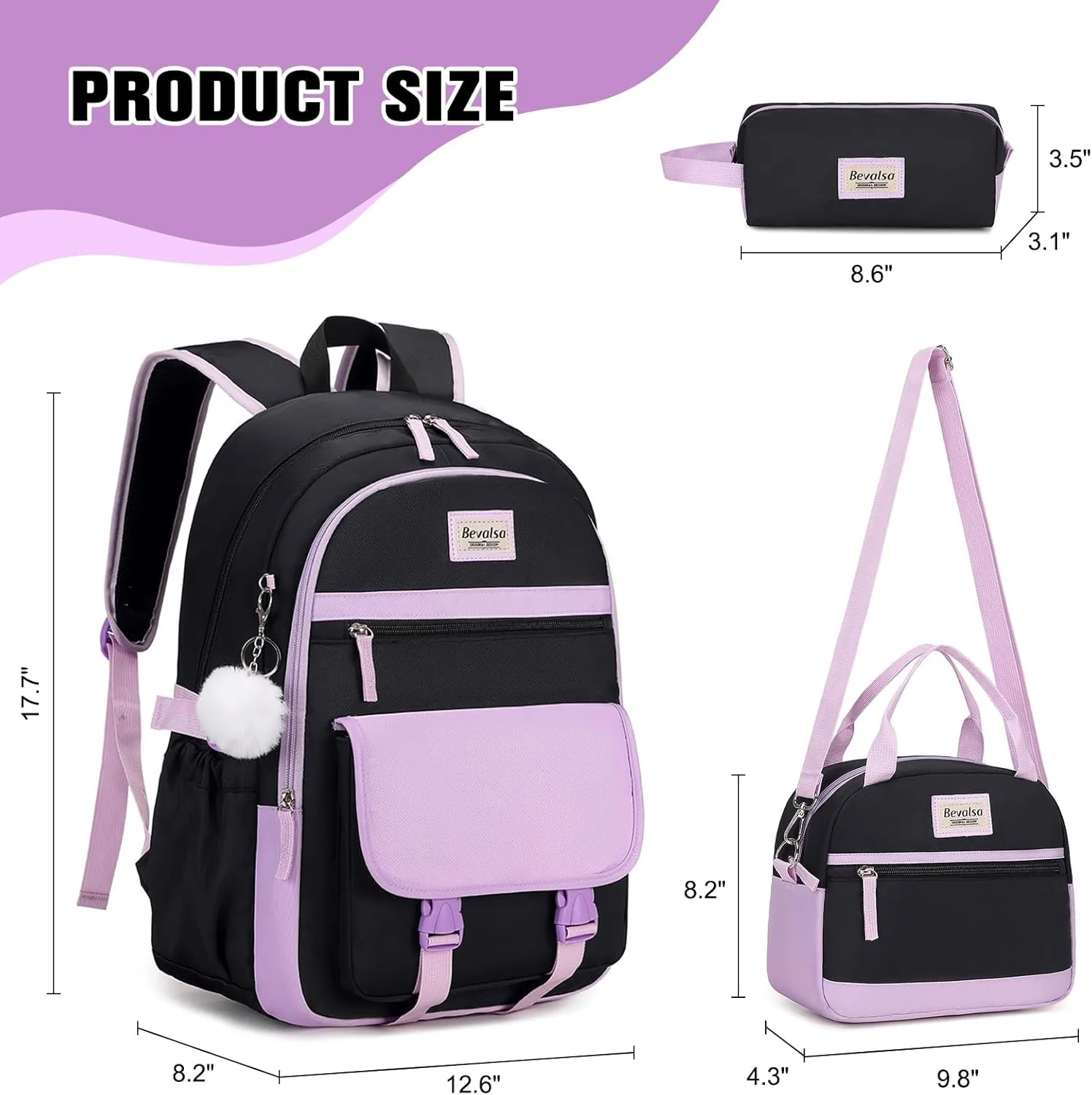 Bevalsa Backpacks for Women & Girls, Laptop Backpack with Lunch Bag & Pencil Pouch for Teen Girls & Kids, Elementary to College Student Bookbag Daypack (Purple Black)