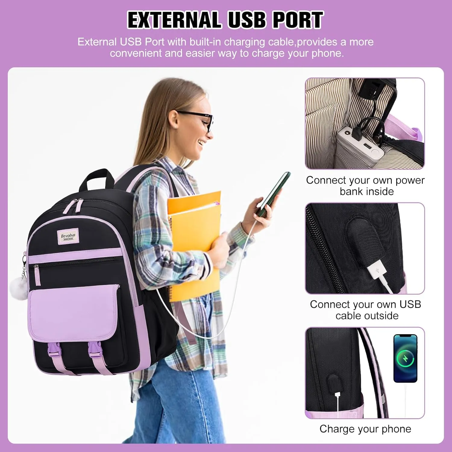 Bevalsa Backpacks for Women & Girls, Laptop Backpack with Lunch Bag & Pencil Pouch for Teen Girls & Kids, Elementary to College Student Bookbag Daypack (Purple Black)
