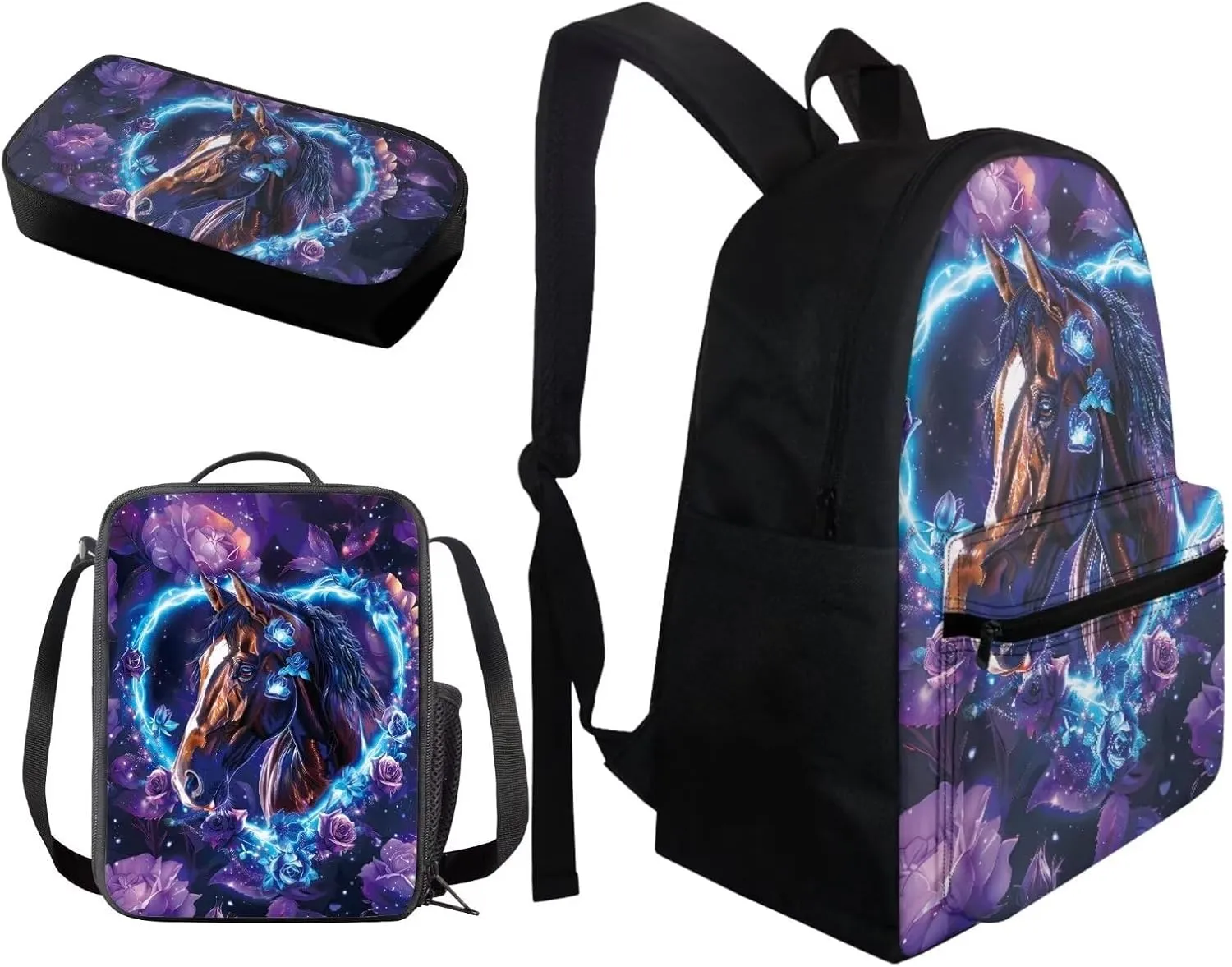 BIGCARJOB Children School Bags Set Animal Wolf Butterfly Backpack for School Kids Toddle,3 Pcs Animal Wolf Print School Bookbags with Lunch Box Pencil Bags for Kindergarten Elementary School Daypack