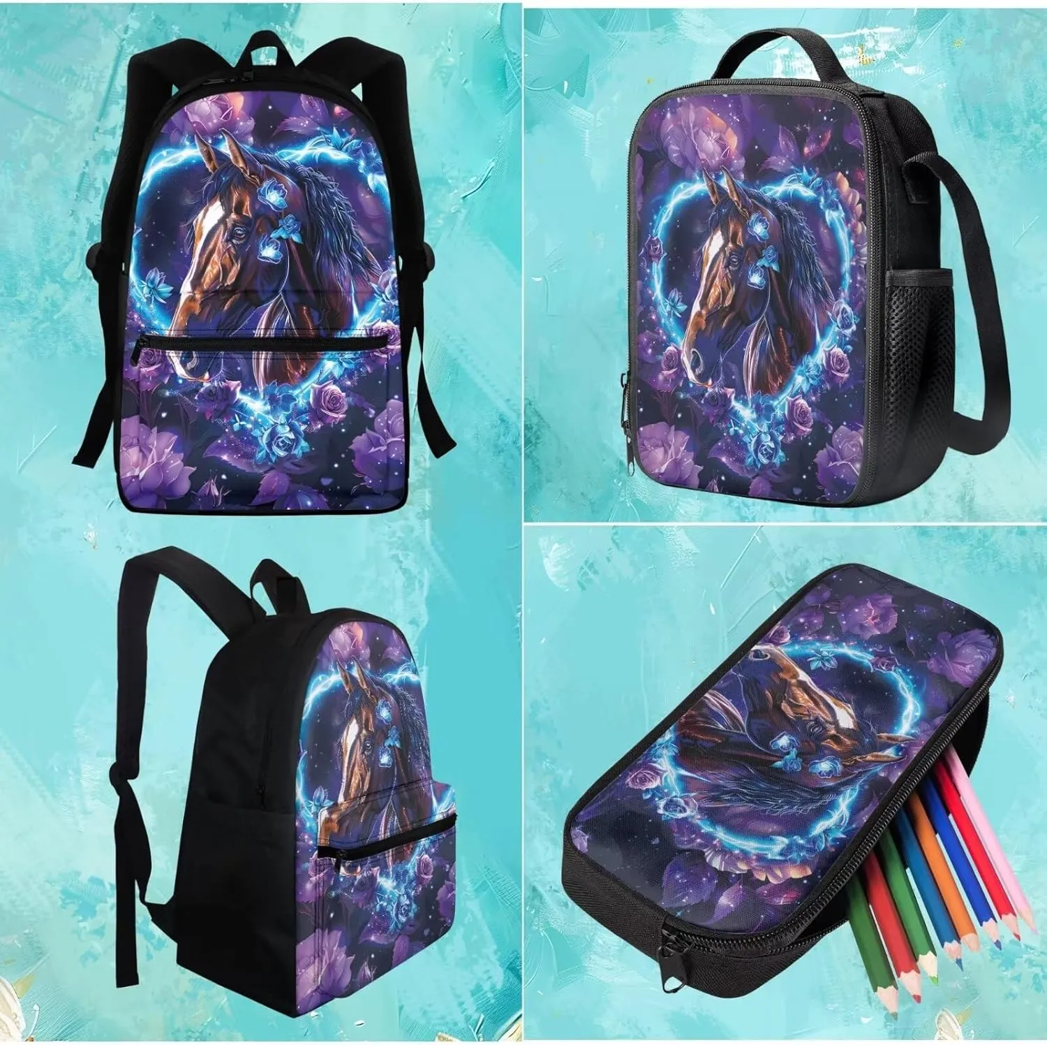 BIGCARJOB Children School Bags Set Animal Wolf Butterfly Backpack for School Kids Toddle,3 Pcs Animal Wolf Print School Bookbags with Lunch Box Pencil Bags for Kindergarten Elementary School Daypack