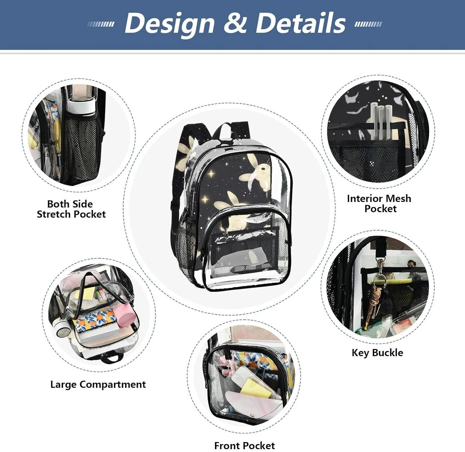 Black Bunny Cartoon Cute Clear Backpack School School Backpack Clear For Teens Transparent Seethrough Heavy Duty Bag