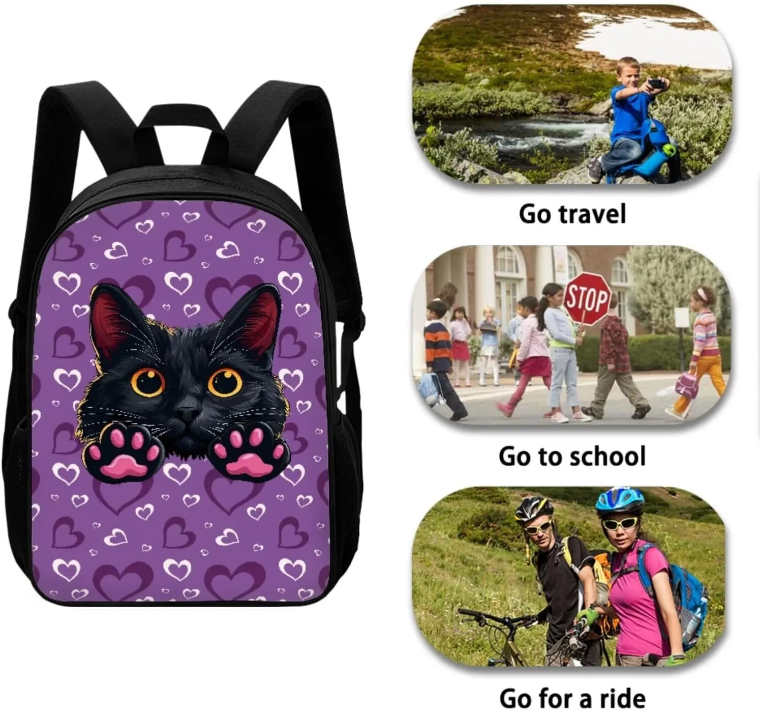 Black Cat Backpack for Boys With Lunch Bag 17Inch Bookbags Lunch Bag Sets School Backpack for Teens Lightweight for Daily Use,Day-Trips,Traveling,Hiking,School,Camping