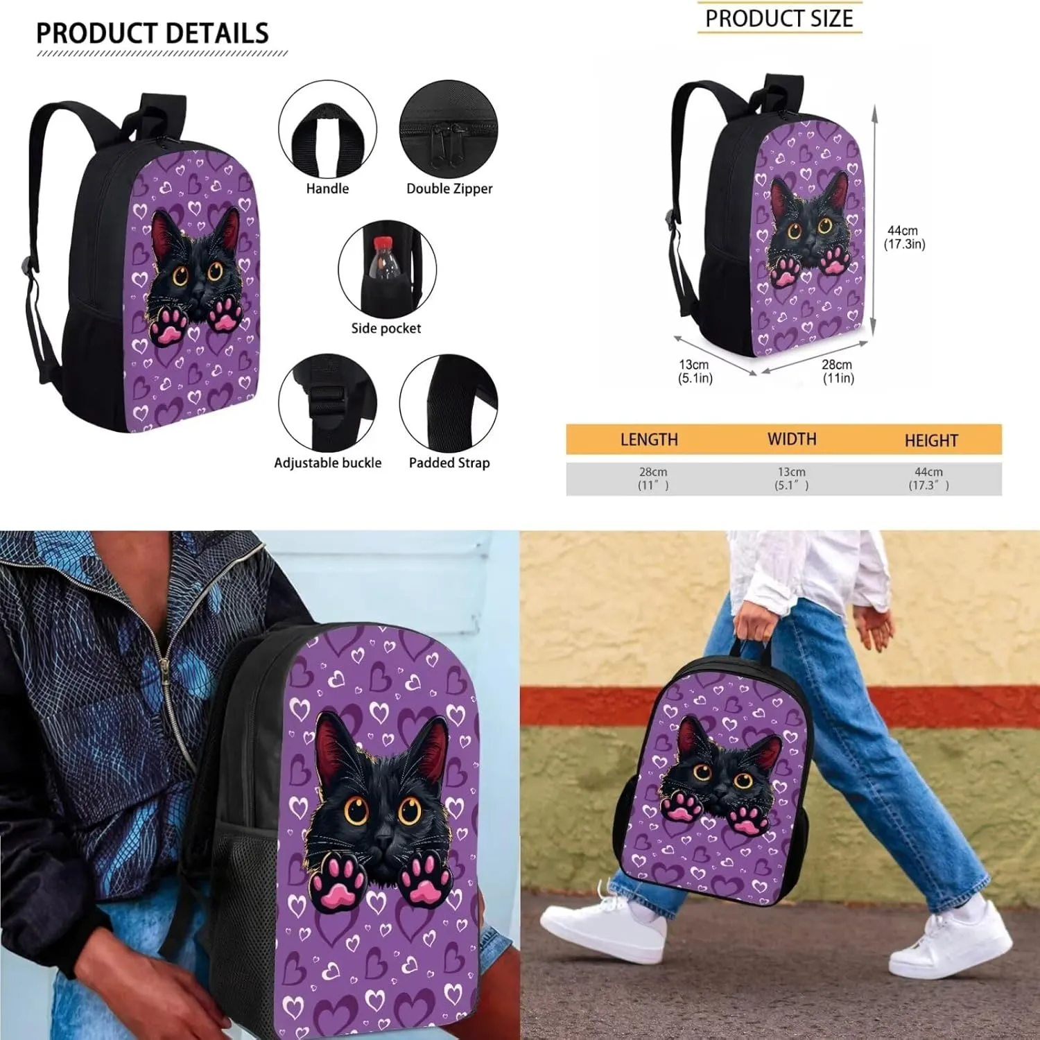 Black Cat Backpack for Boys With Lunch Bag 17Inch Bookbags Lunch Bag Sets School Backpack for Teens Lightweight for Daily Use,Day-Trips,Traveling,Hiking,School,Camping