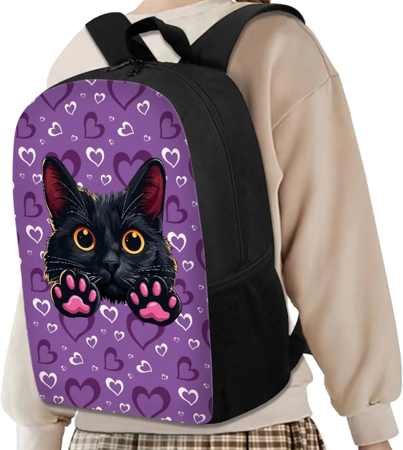 Black Cat Backpack for Boys With Lunch Bag 17Inch Bookbags Lunch Bag Sets School Backpack for Teens Lightweight for Daily Use,Day-Trips,Traveling,Hiking,School,Camping