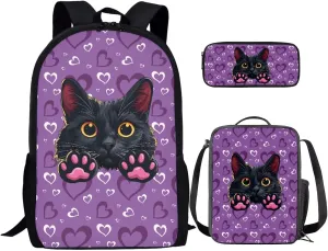 Black Cat Backpack for Boys With Lunch Bag 17Inch Bookbags Lunch Bag Sets School Backpack for Teens Lightweight for Daily Use,Day-Trips,Traveling,Hiking,School,Camping