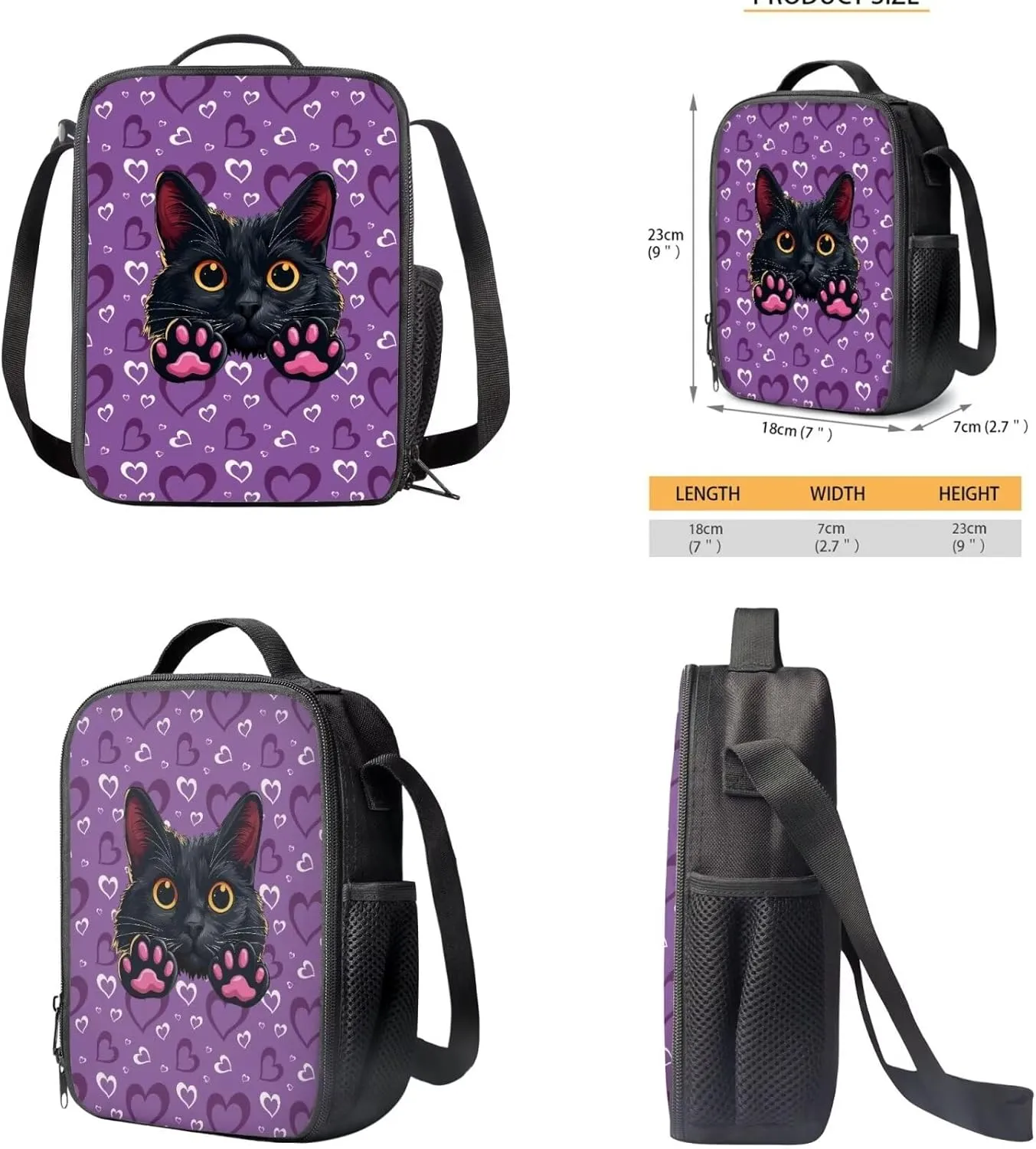 Black Cat Backpack for Boys With Lunch Bag 17Inch Bookbags Lunch Bag Sets School Backpack for Teens Lightweight for Daily Use,Day-Trips,Traveling,Hiking,School,Camping