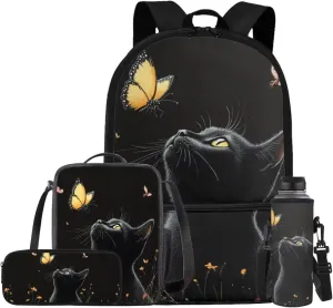Black Cat Backpacks for Kids Large Capacity BookBag for Boys High School Portable Kids School Backpack with Lunch Box Pencil Case and Water Bottle Sleeve Back to School Gifts