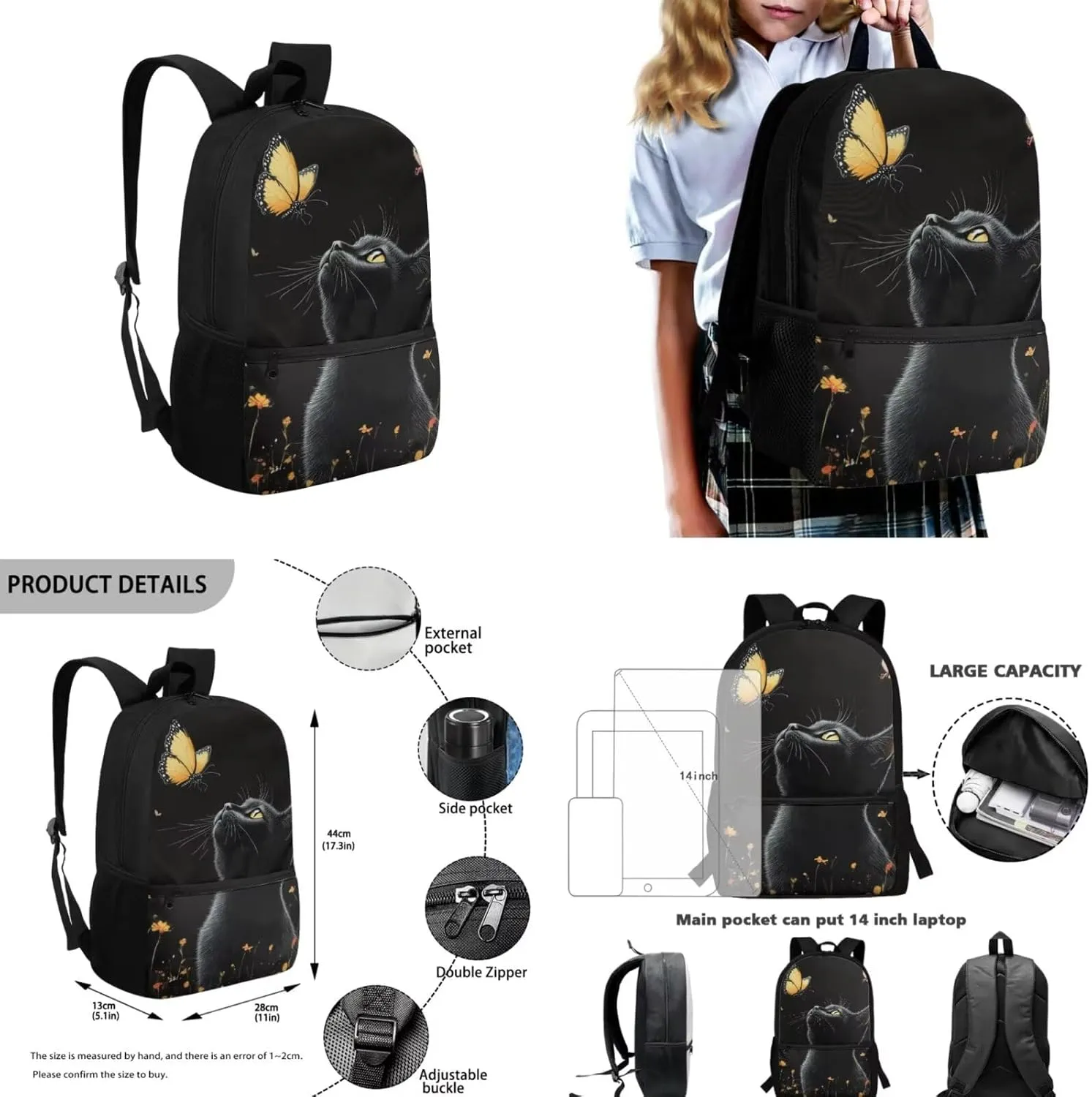 Black Cat Backpacks for Kids Large Capacity BookBag for Boys High School Portable Kids School Backpack with Lunch Box Pencil Case and Water Bottle Sleeve Back to School Gifts