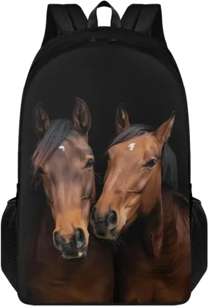 Black Horse Print Backpack School Bag for Kids Boys Girls, Lightweight Large Capacity Shoulder Daypack 17 Inch Double Compartment Bookbag Knapsack for Travel Hiking