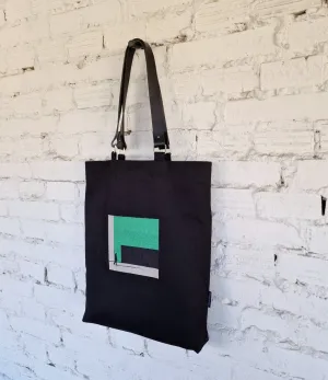Black Linen and Cotton Canvas Shoulder Bag with Leather Handles