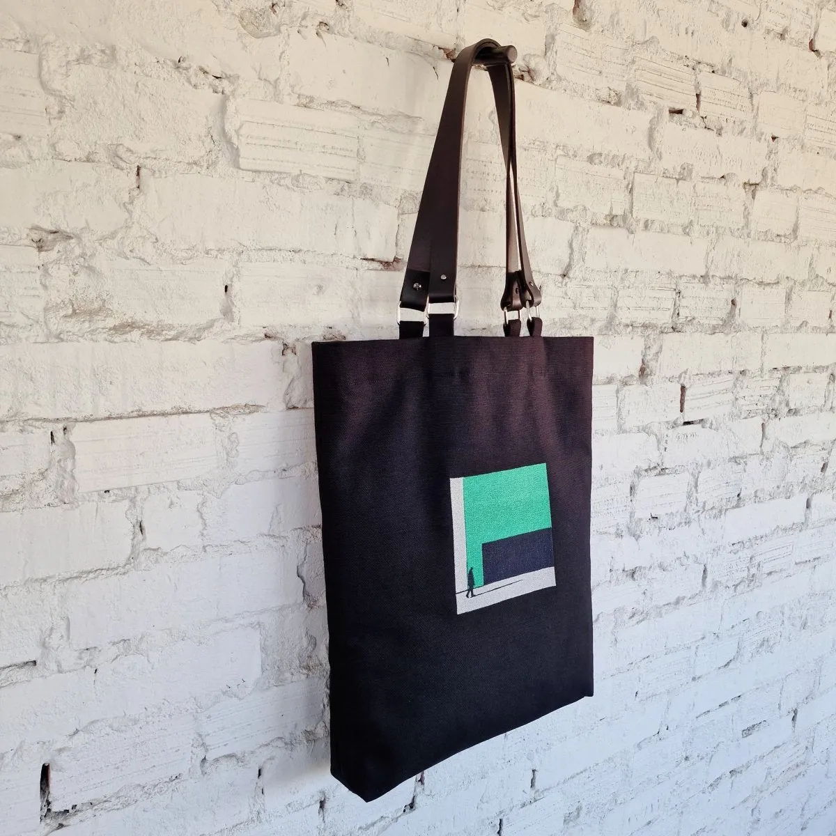 Black Linen and Cotton Canvas Shoulder Bag with Leather Handles