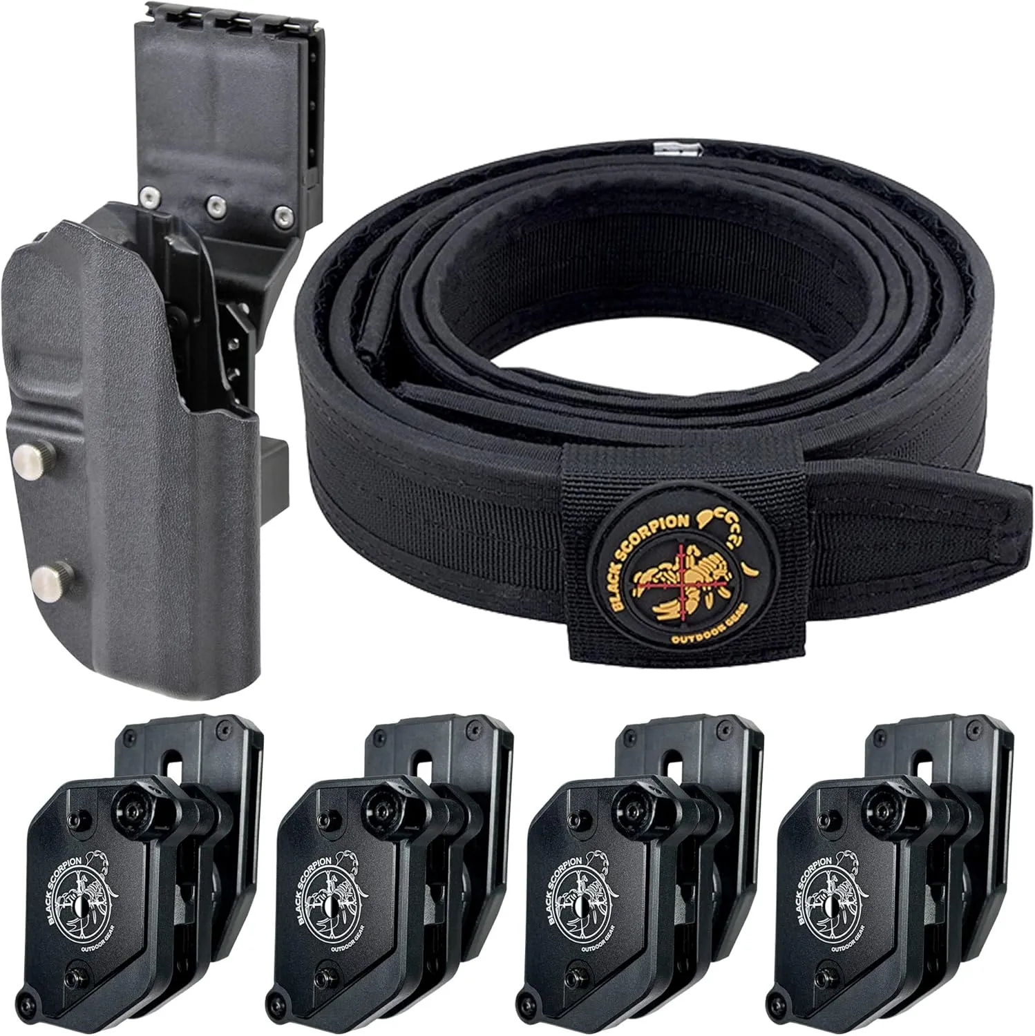 Black Scorpion Gear Competition Rig | 1 Heavy Duty Belt, 1 OWB Kydex Pro Holster | 4 Single/Double Stack Ambidextrous Magazine Pouches IPSC, USPSA, 3-Gun Approved