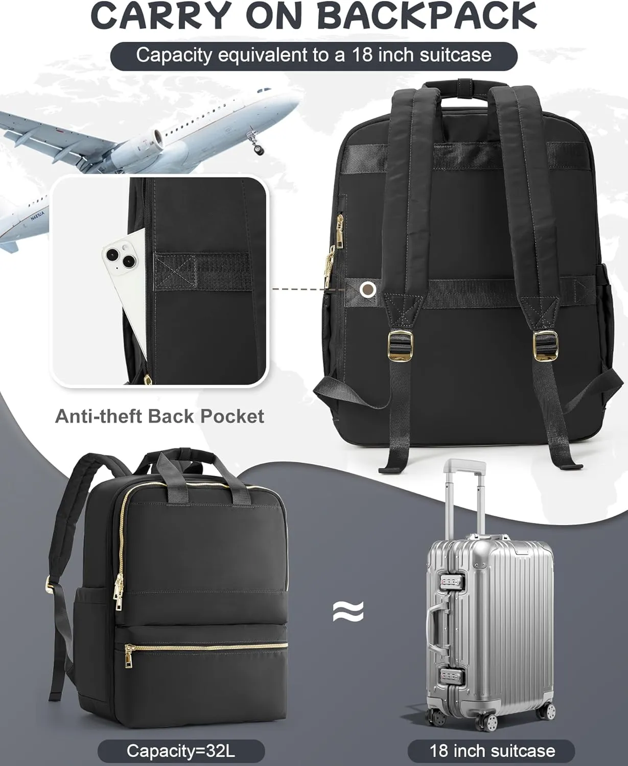 Black Travel Backpack - Carry On Flight Approved Large Bag for Women, Personal Item, Laptop, Teacher, Work - Airplane Travel