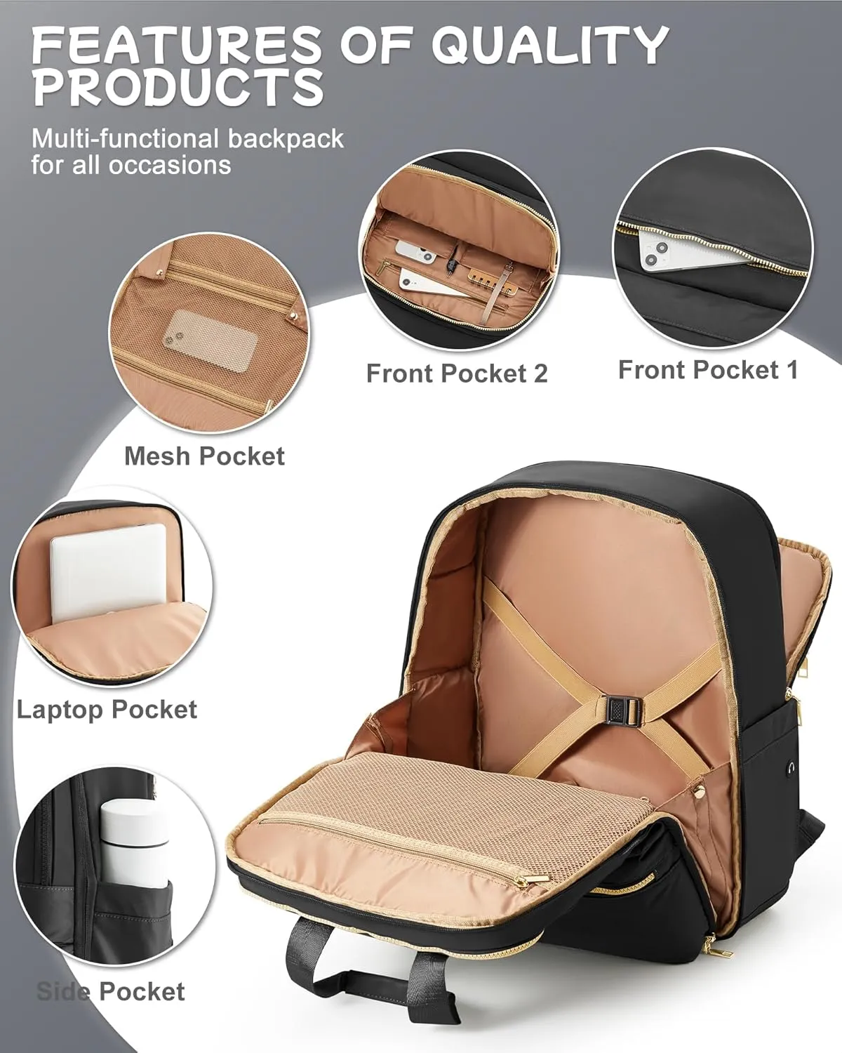 Black Travel Backpack - Carry On Flight Approved Large Bag for Women, Personal Item, Laptop, Teacher, Work - Airplane Travel