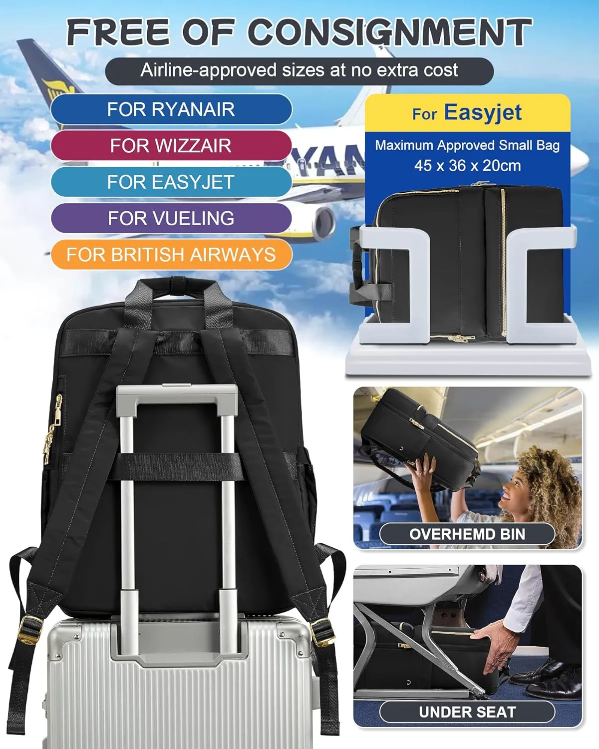 Black Travel Backpack - Carry On Flight Approved Large Bag for Women, Personal Item, Laptop, Teacher, Work - Airplane Travel