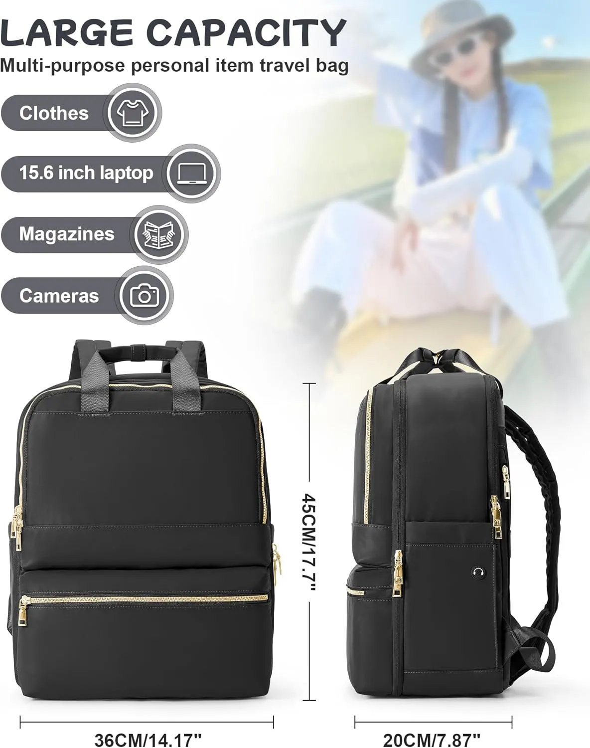 Black Travel Backpack - Carry On Flight Approved Large Bag for Women, Personal Item, Laptop, Teacher, Work - Airplane Travel