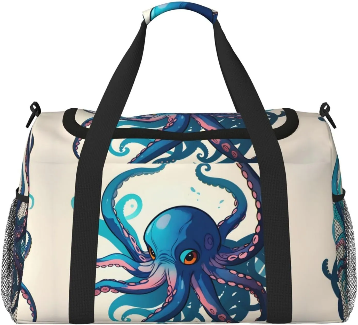 Blue And Purple Octopus Travel Duffel Bag With Zippers And Handles, Big Foldable Duffle Bag For Family Vacations