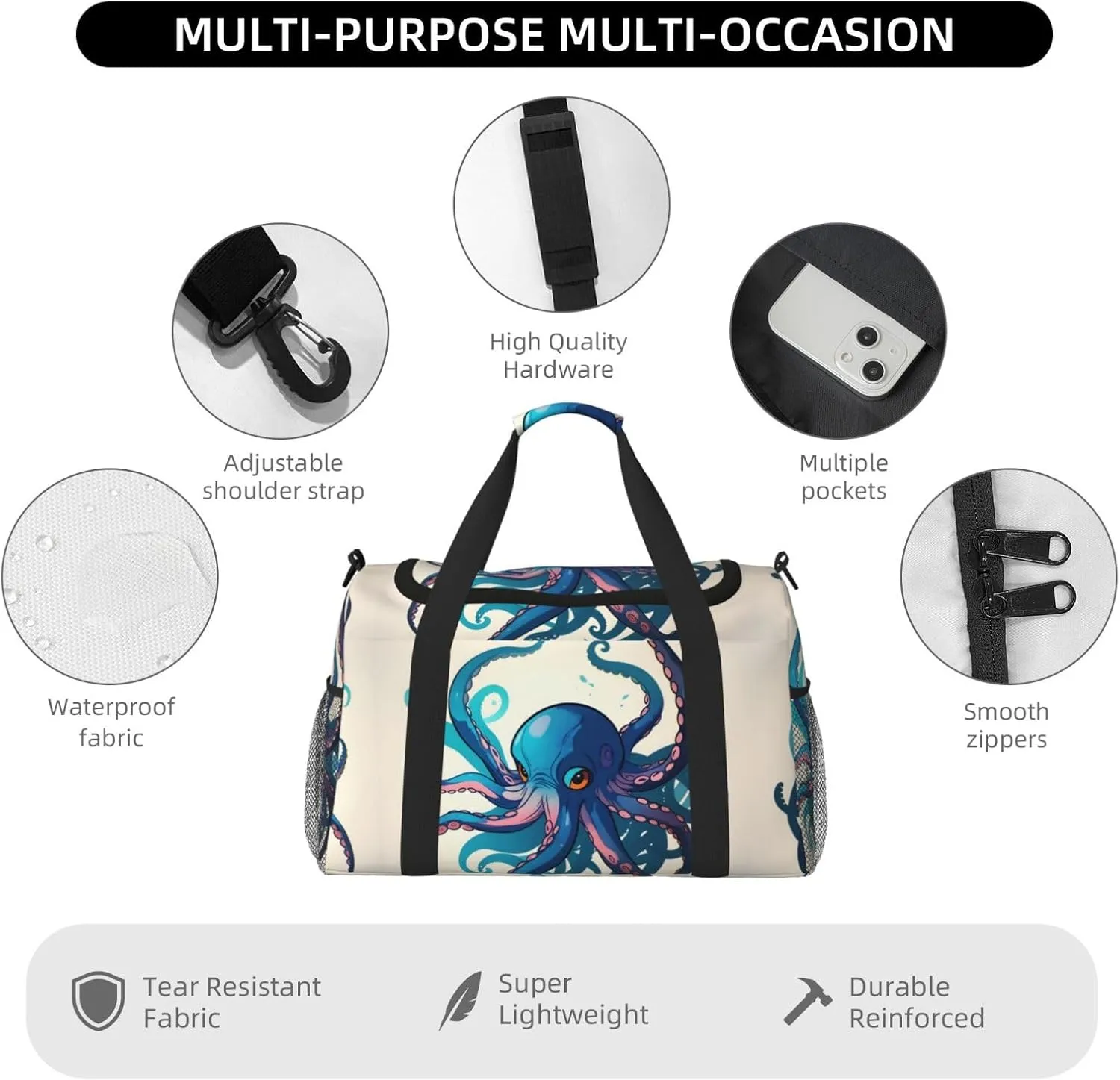 Blue And Purple Octopus Travel Duffel Bag With Zippers And Handles, Big Foldable Duffle Bag For Family Vacations