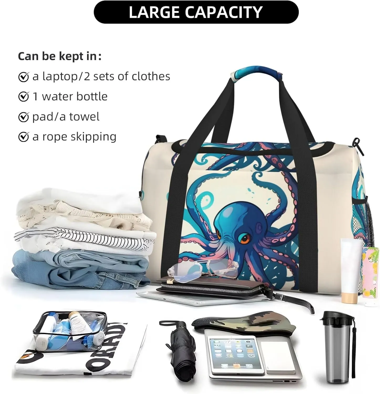Blue And Purple Octopus Travel Duffel Bag With Zippers And Handles, Big Foldable Duffle Bag For Family Vacations