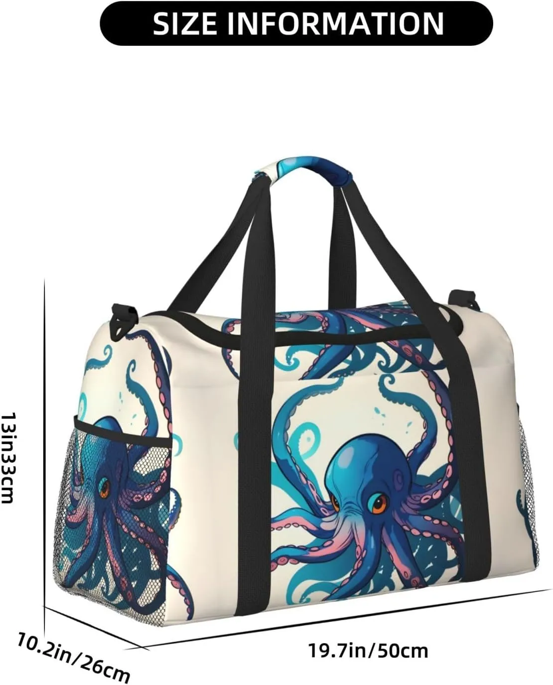 Blue And Purple Octopus Travel Duffel Bag With Zippers And Handles, Big Foldable Duffle Bag For Family Vacations