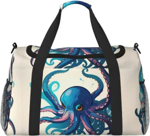 Blue And Purple Octopus Travel Duffel Bag With Zippers And Handles, Big Foldable Duffle Bag For Family Vacations