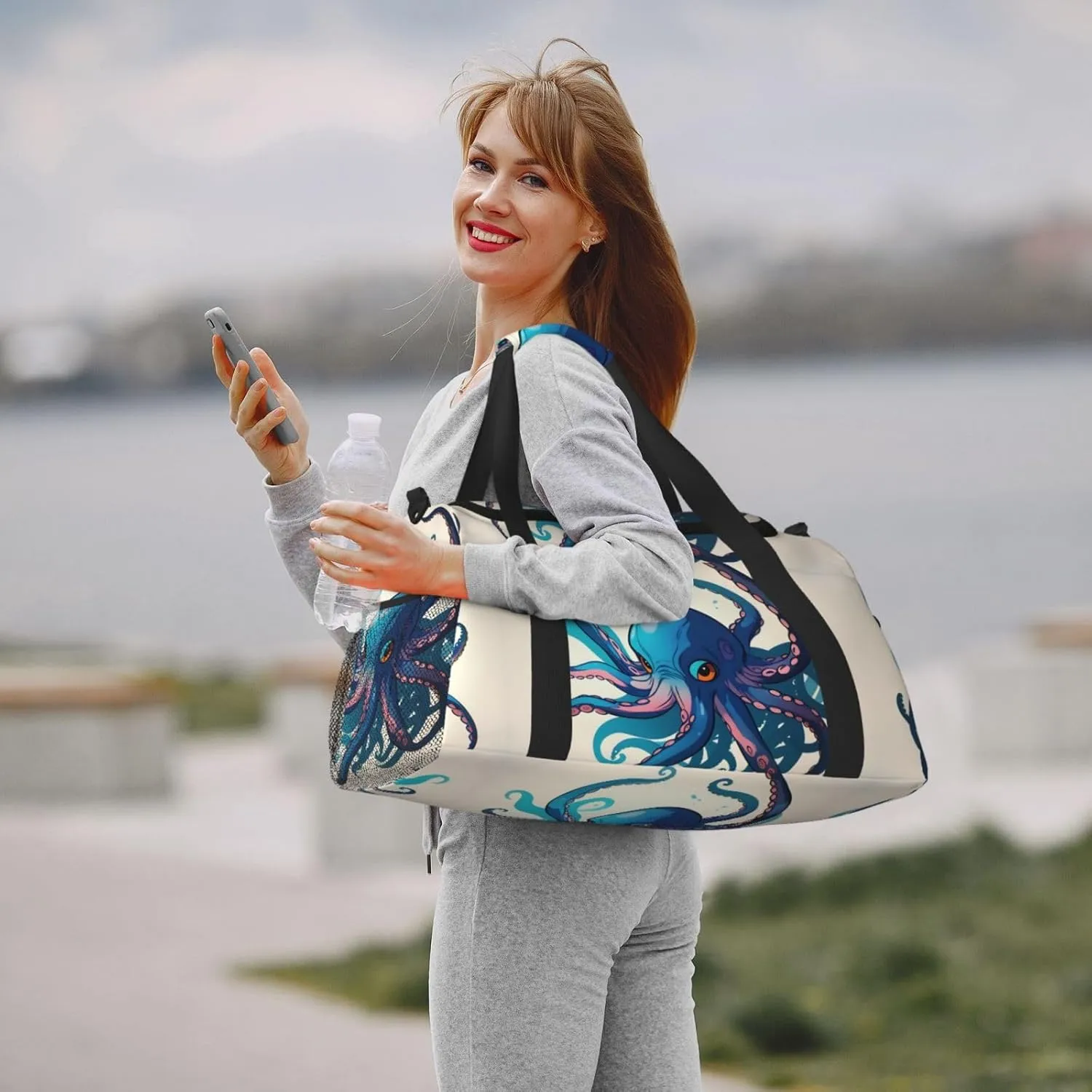 Blue And Purple Octopus Travel Duffel Bag With Zippers And Handles, Big Foldable Duffle Bag For Family Vacations