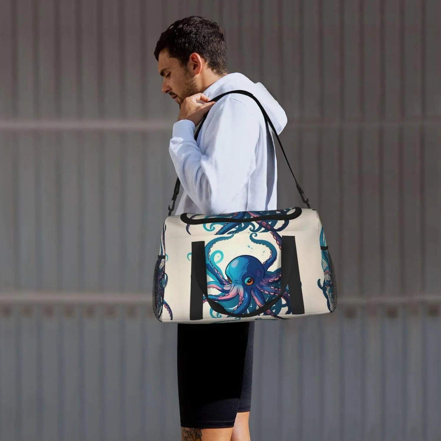 Blue And Purple Octopus Travel Duffel Bag With Zippers And Handles, Big Foldable Duffle Bag For Family Vacations