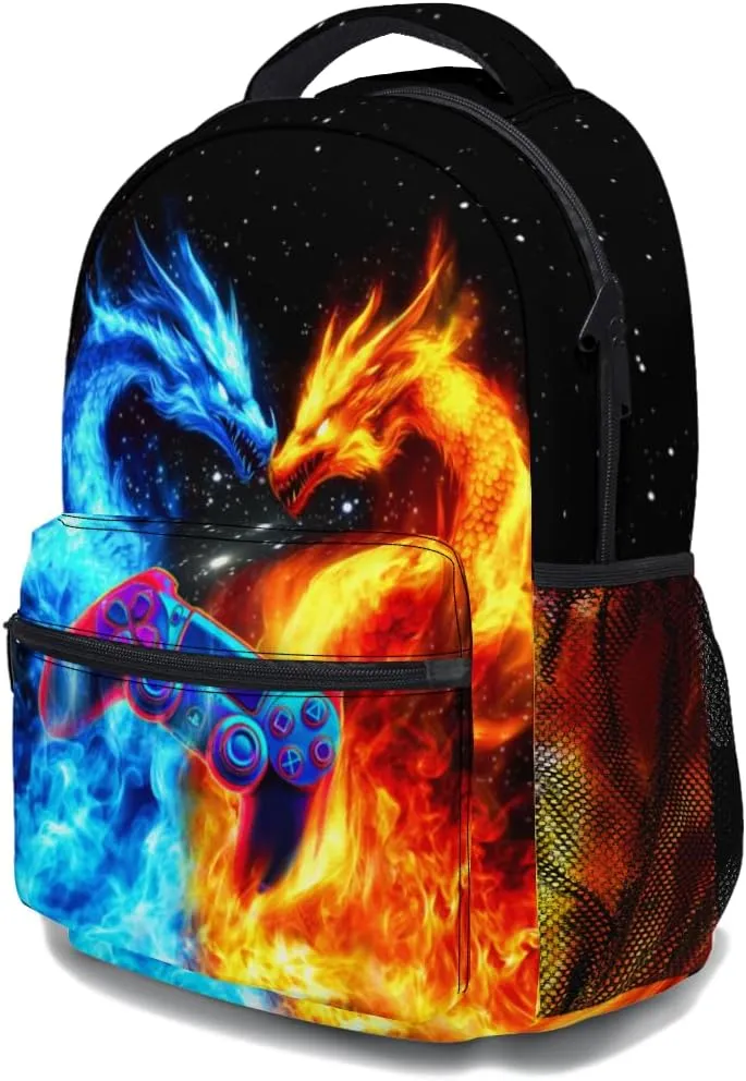 Blue And Red Fiery College Bookbags Ice and Fire Double Dragon School Backpack for Girls Women, Teens Gaming School Bags Bookbags Ladies Laptop Games Backpacks Travel Hiking Camping Gym Daypack