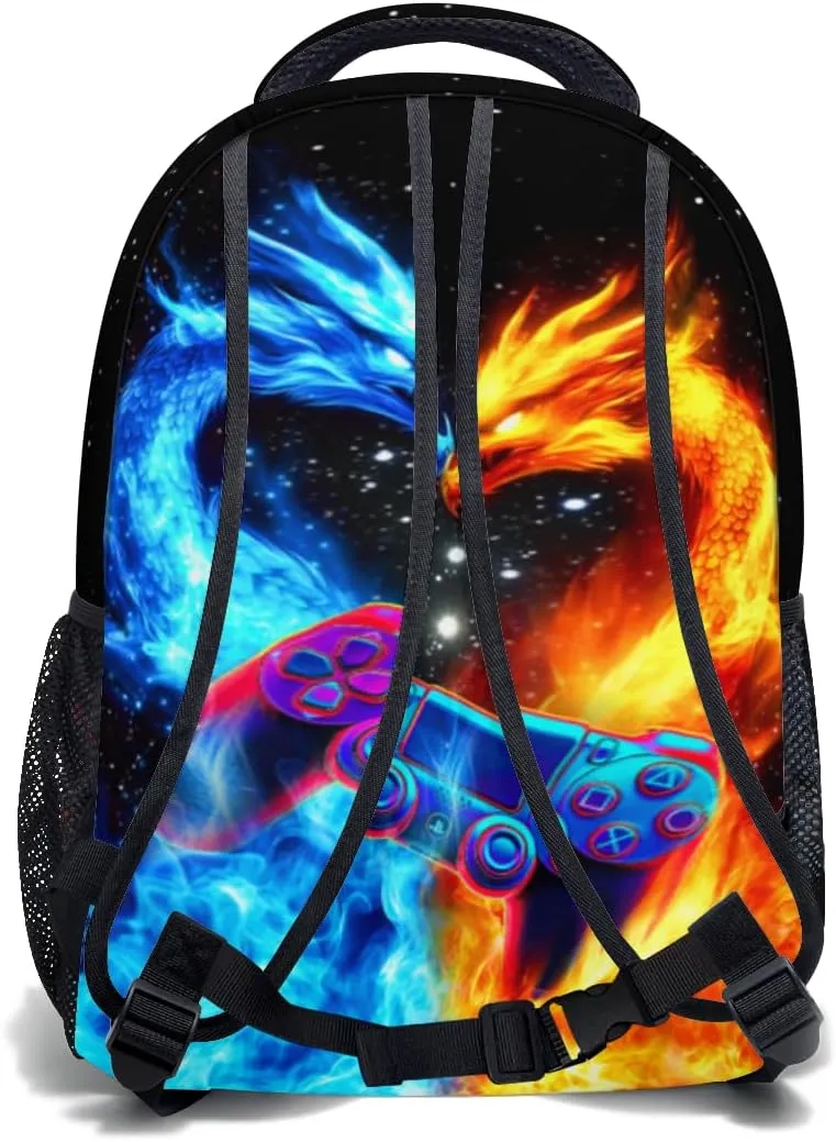 Blue And Red Fiery College Bookbags Ice and Fire Double Dragon School Backpack for Girls Women, Teens Gaming School Bags Bookbags Ladies Laptop Games Backpacks Travel Hiking Camping Gym Daypack