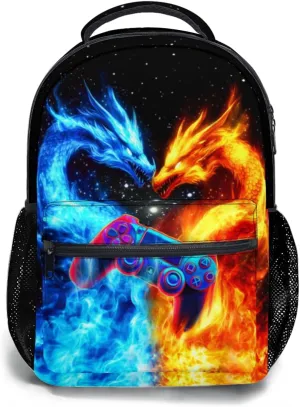 Blue And Red Fiery College Bookbags Ice and Fire Double Dragon School Backpack for Girls Women, Teens Gaming School Bags Bookbags Ladies Laptop Games Backpacks Travel Hiking Camping Gym Daypack