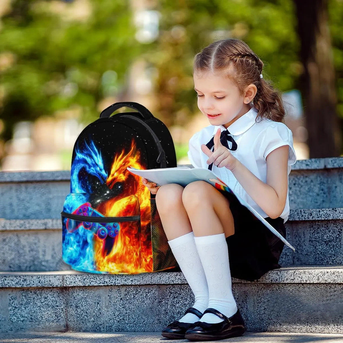 Blue And Red Fiery College Bookbags Ice and Fire Double Dragon School Backpack for Girls Women, Teens Gaming School Bags Bookbags Ladies Laptop Games Backpacks Travel Hiking Camping Gym Daypack