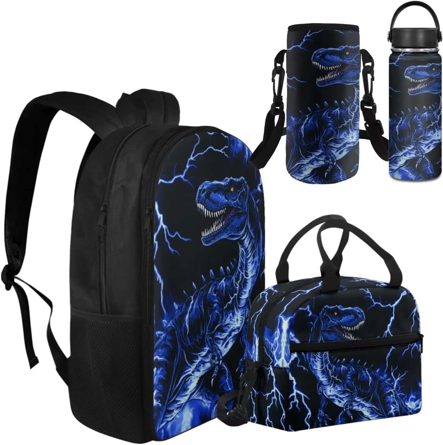 Blue Dinosaur Bookbag and Lunch Box Set for Boys Cool Pickup Graphic Backpack Set 4Pcs with Insulated Water Bottle and Water Bottle Sleeve for Primary Middle School Rucksack Daypack