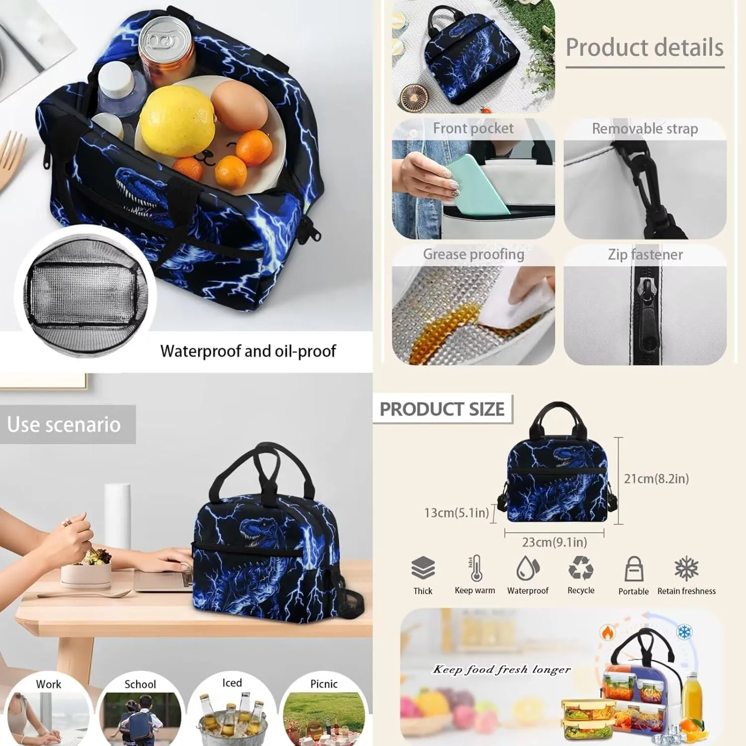 Blue Dinosaur Bookbag and Lunch Box Set for Boys Cool Pickup Graphic Backpack Set 4Pcs with Insulated Water Bottle and Water Bottle Sleeve for Primary Middle School Rucksack Daypack