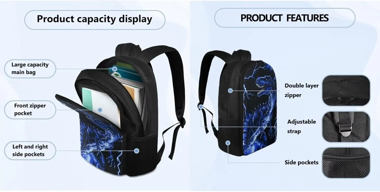 Blue Dinosaur Bookbag and Lunch Box Set for Boys Cool Pickup Graphic Backpack Set 4Pcs with Insulated Water Bottle and Water Bottle Sleeve for Primary Middle School Rucksack Daypack