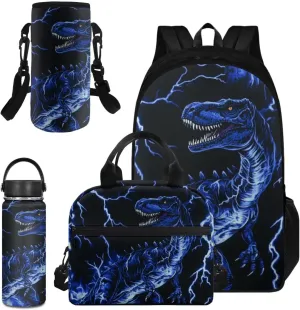 Blue Dinosaur Bookbag and Lunch Box Set for Boys Cool Pickup Graphic Backpack Set 4Pcs with Insulated Water Bottle and Water Bottle Sleeve for Primary Middle School Rucksack Daypack