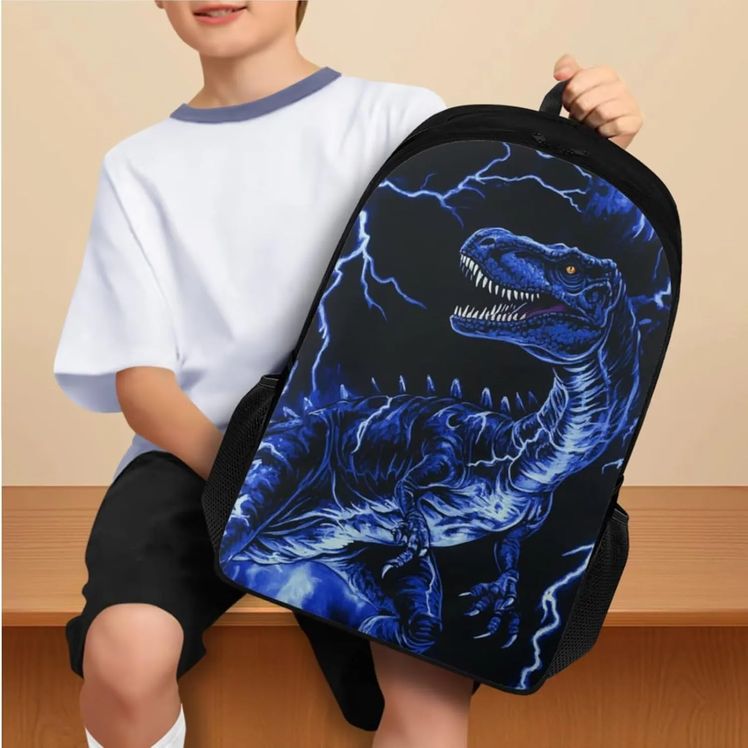 Blue Dinosaur Bookbag and Lunch Box Set for Boys Cool Pickup Graphic Backpack Set 4Pcs with Insulated Water Bottle and Water Bottle Sleeve for Primary Middle School Rucksack Daypack