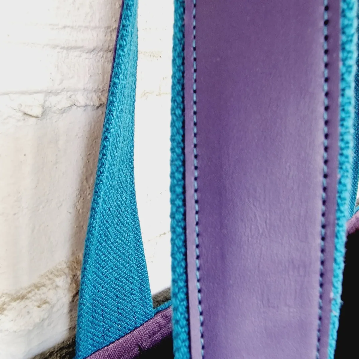 Blue Linen and Cotton Canvas Handbag with Purple Leather Reinforced Handles