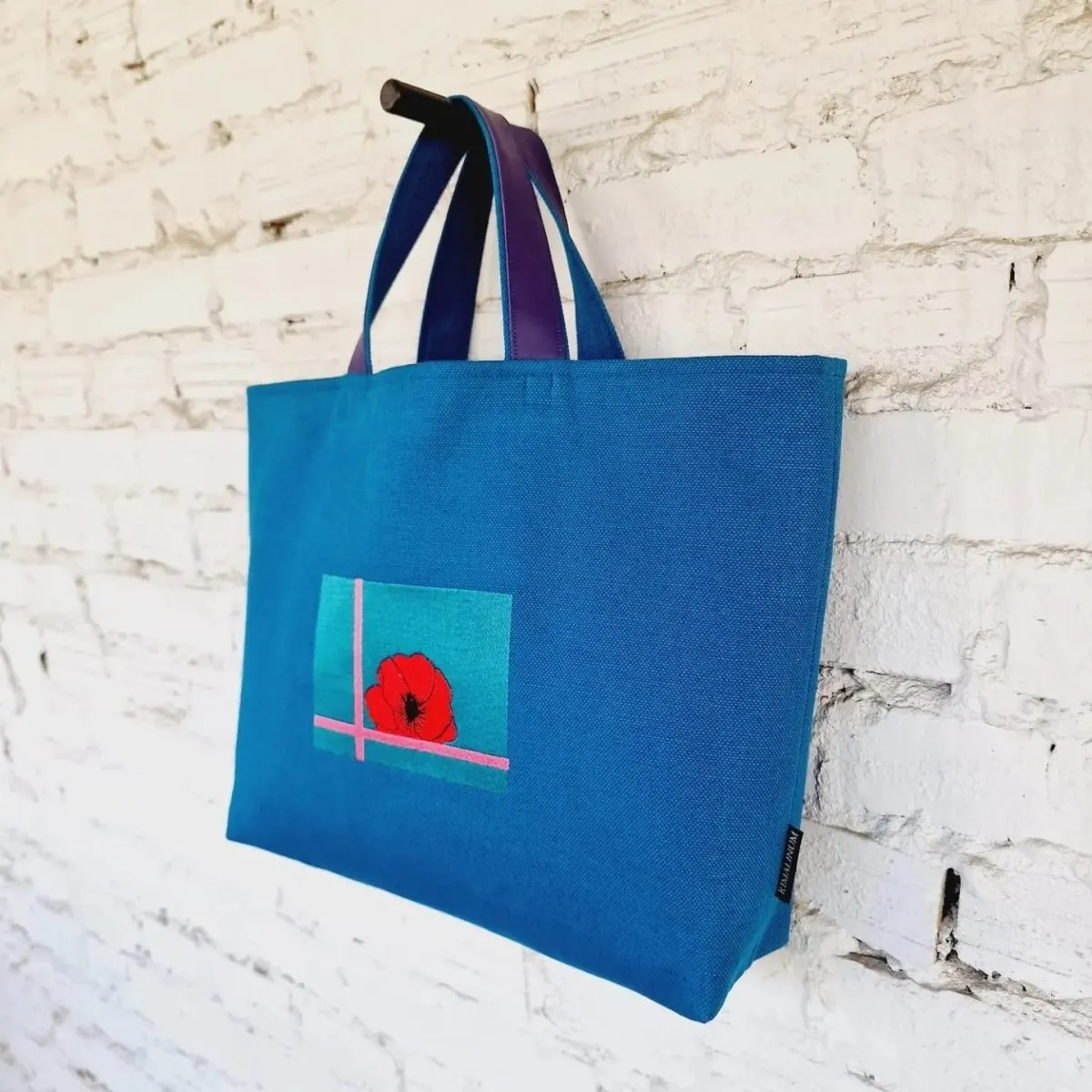 Blue Linen and Cotton Canvas Handbag with Purple Leather Reinforced Handles