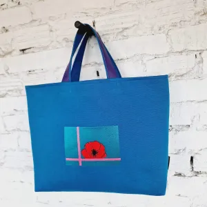 Blue Linen and Cotton Canvas Handbag with Purple Leather Reinforced Handles