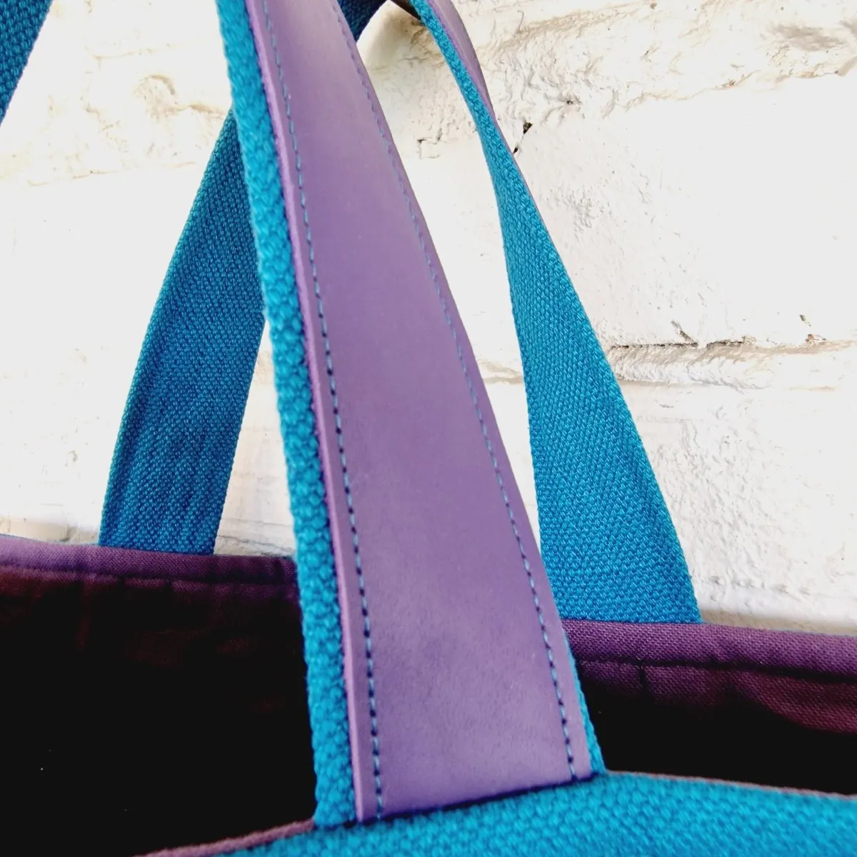 Blue Linen and Cotton Canvas Handbag with Purple Leather Reinforced Handles