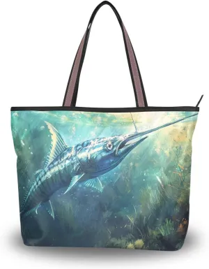 Blue Marlin Underwater Tote Bag for Women Durable Designer Handbag with Zipper for Daily Use Travel L