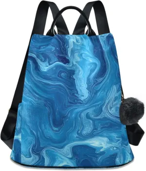 Blue Pigment Marble Backpack for Women Anti Theft Large Fashion Travel Shoulder Bag Purse Rucksack Lightweight