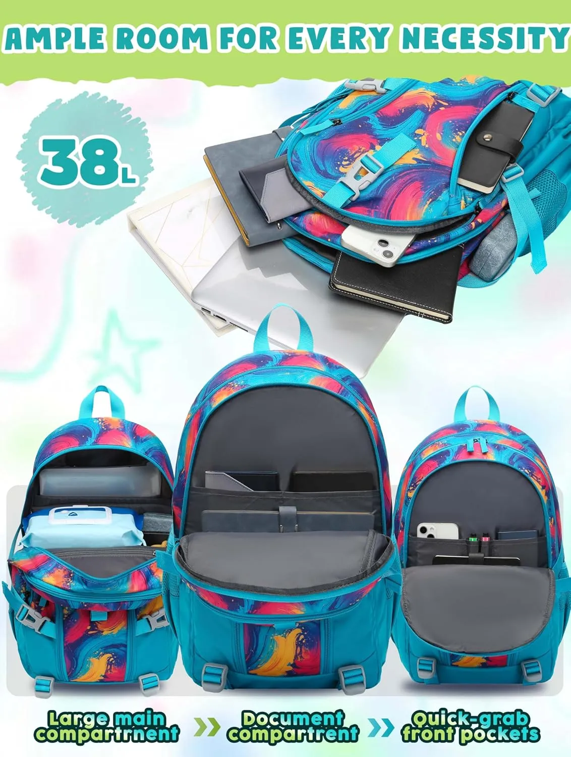 BLUEFAIRY School Backpack for Middle High School for Teens Girls Bookbag XL Teenagers Back to School Book Bag Large Compartment Mochilas para Niñas Adolescentes 18" Teal