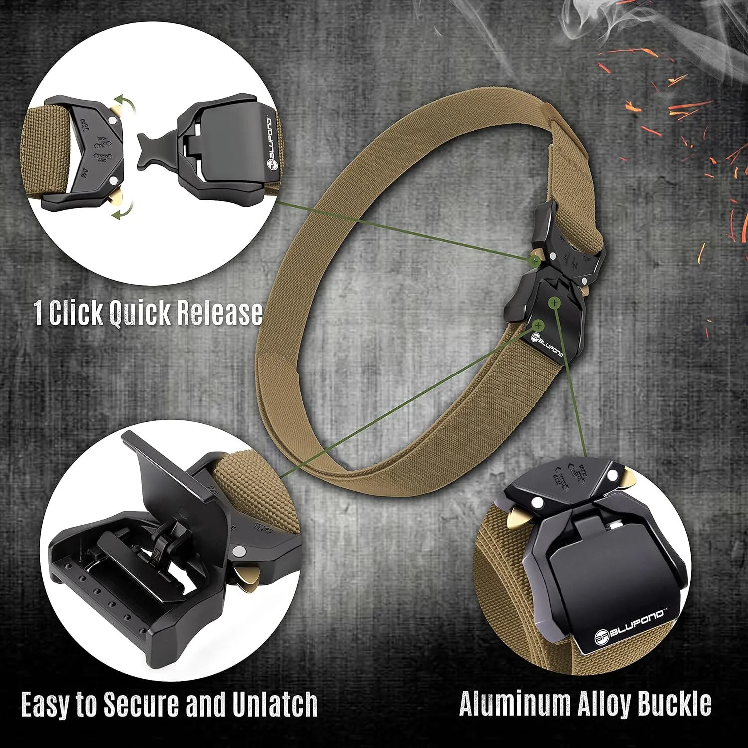 BLUPOND Tactical Belt with Quick Release Buckle- EDC Gear- Adjustable Gun Belt for Military, Hiking, Rigger, Concealed Carry