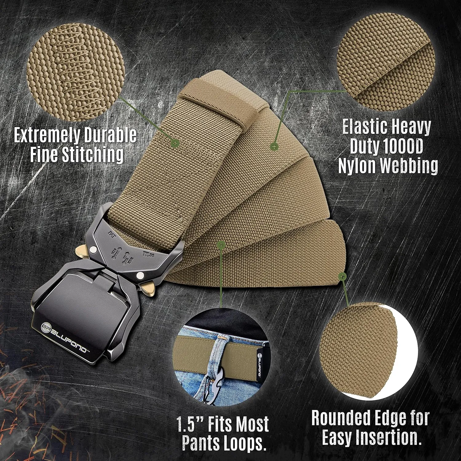 BLUPOND Tactical Belt with Quick Release Buckle- EDC Gear- Adjustable Gun Belt for Military, Hiking, Rigger, Concealed Carry
