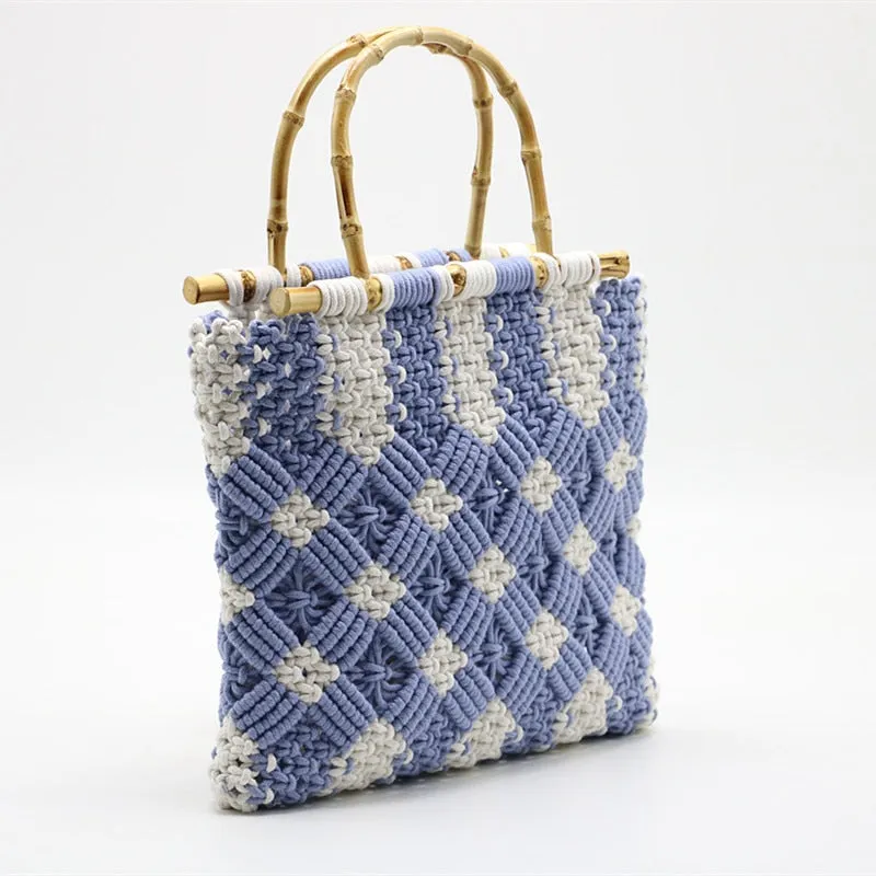 Boho Bamboo Handle Crochet Knit Tote - 2 Colors