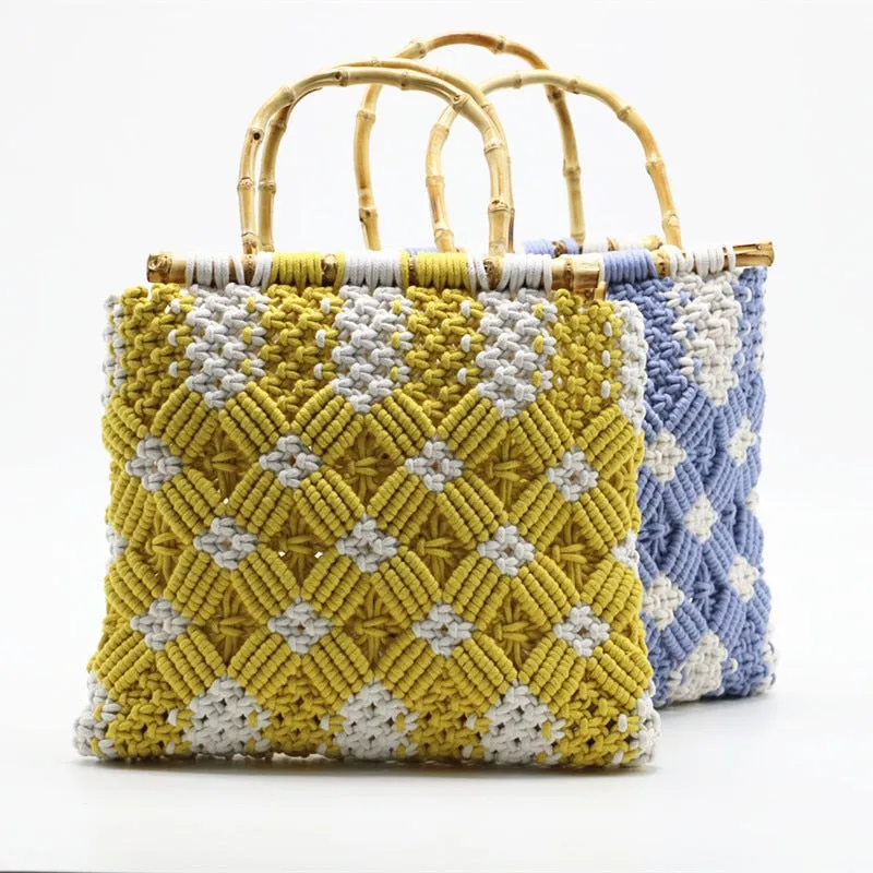 Boho Bamboo Handle Crochet Knit Tote - 2 Colors