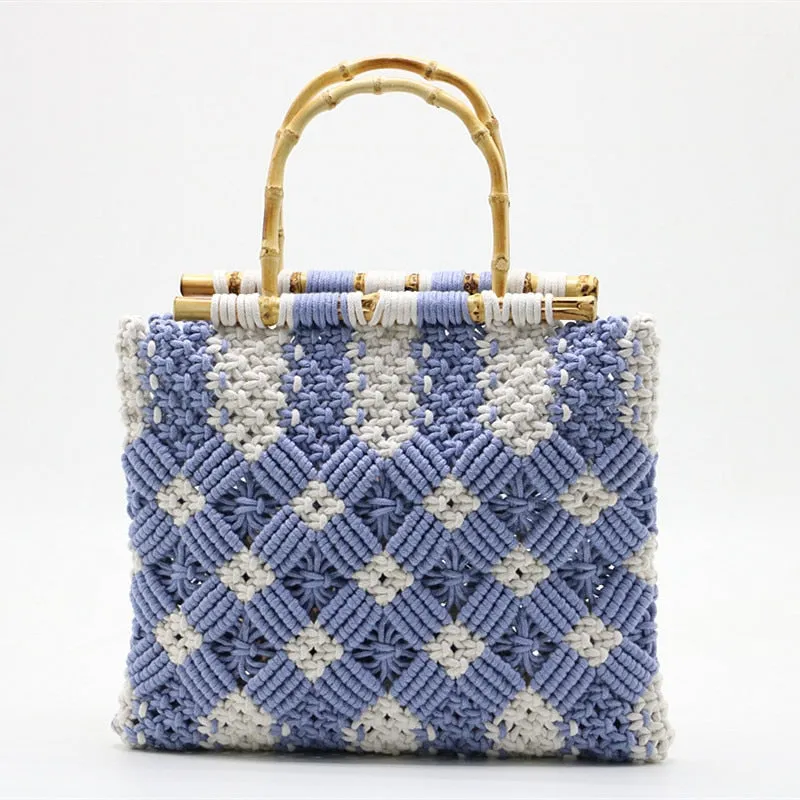 Boho Bamboo Handle Crochet Knit Tote - 2 Colors